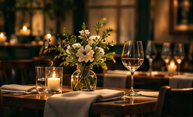 An imagined candlelit dinner table with flowers.